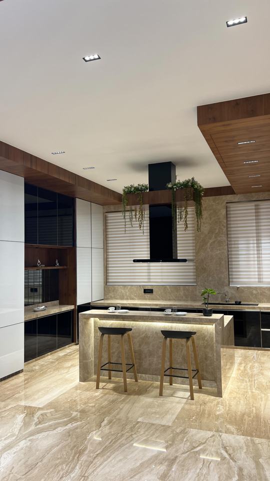 Island kitchen with builtin fridge