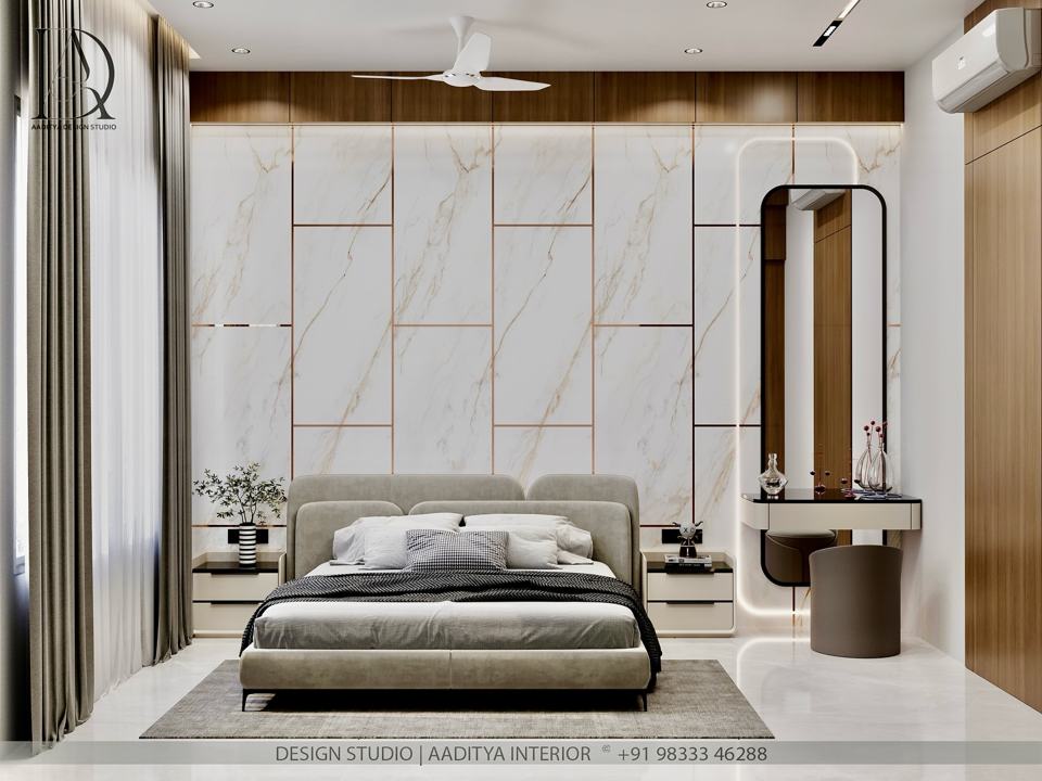 A bedroom where the walls speak elegance and the side table adds…