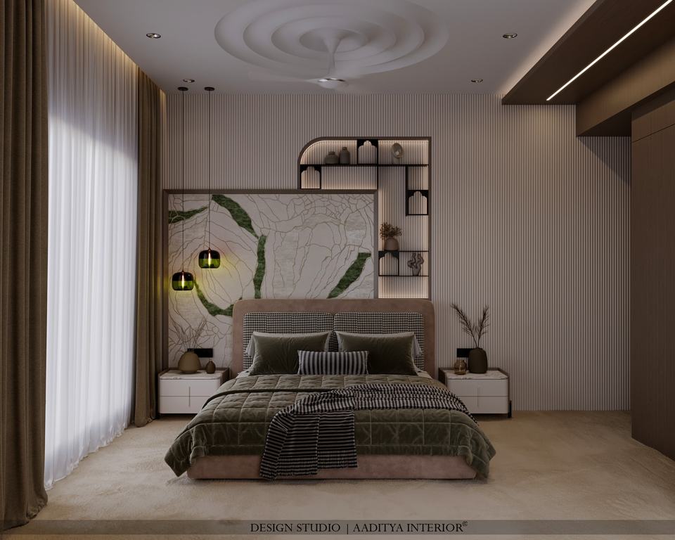Earthy elegance meets modern minimalism A serene master bedroom…