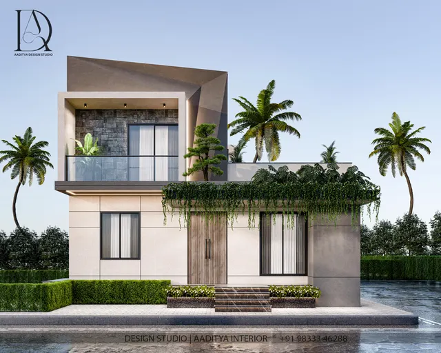 Bungalow Elevation interior design – Compact Modern Bungalow, India (view 3)