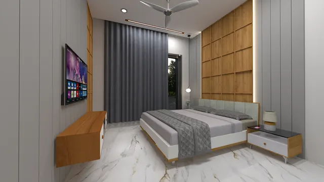 Bedroom interior design – Grey & Oak Bedroom, Surat (view 2)