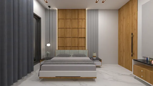 Bedroom interior design – Grey & Oak Bedroom, Surat (view 3)